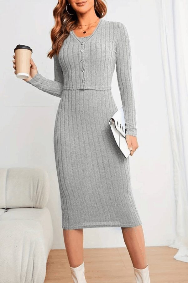 Kadın Uzun Kollu şardonlu Kaşkorseönü Düğmeli Mini Boy Elbise Ikili Takım