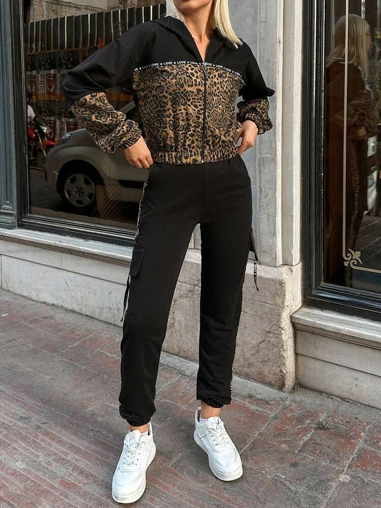 Kadın Uzun Kollu Kapşonlu Leopar Desenli Viskon Iki Iplik Bluz Ve Pantolon Ikili Takım - Görsel 4