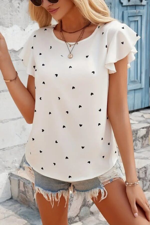 Kadın Kısa Kelebek Kollu Bisiklet Yaka Kalp Desenli Süprem Bluz