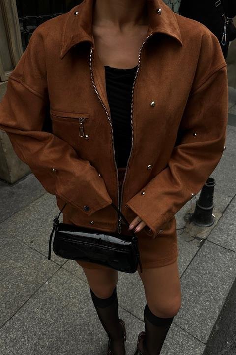 Gümüş Aksesuarlı Ceket Etek İçi Astarlı Süet Takım 10000