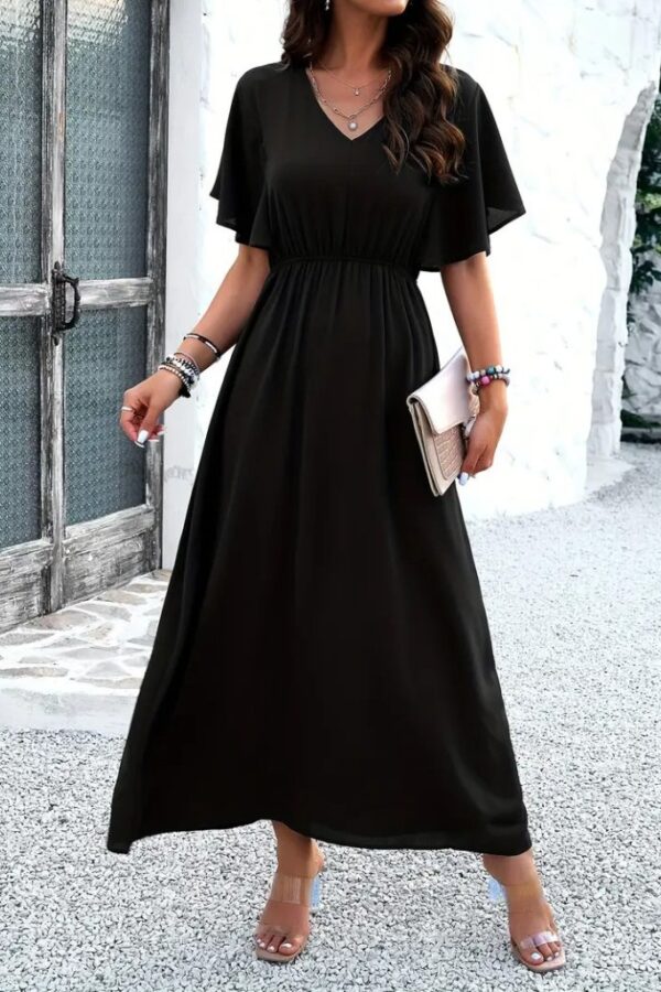 Kadın Kısa Kollu V Yakalı Beli Lastikli Uzun Viskon Elbise