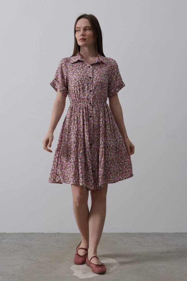 Baskılı Keten Elbise - Lacivert