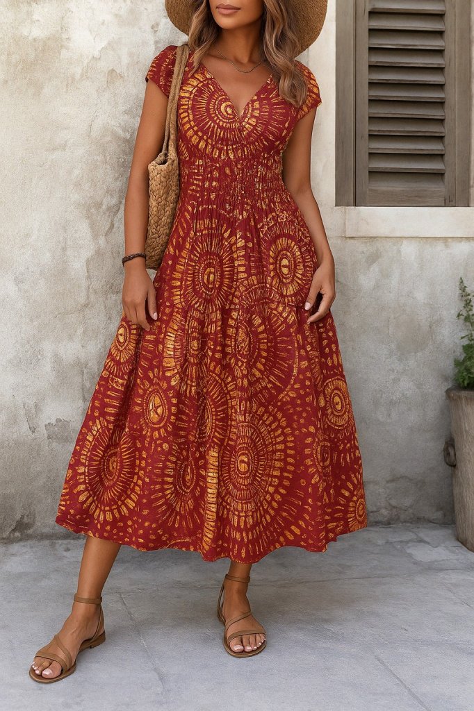 Kadın Kısa Yarasa Kanat Kollu V Yakalı Beli Büzgülü Süprem Elbise - Görsel 12