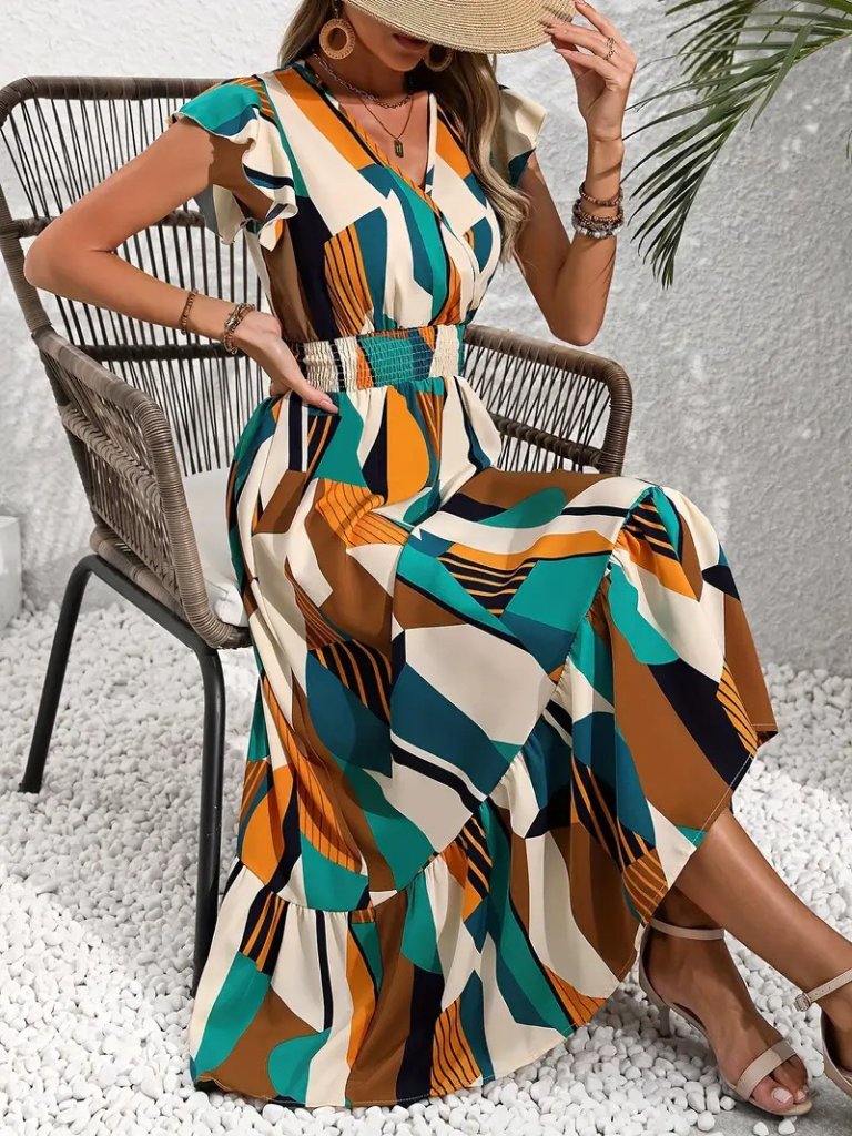 Kadın Kısa Kollu Kruvaze Yakalı Beli Lastikli Desenli Maksi Boy örme Krep Elbise