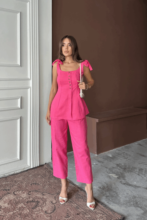 ŞANTUK KETEN YELEK GÖRÜNÜMLÜ  ASKILI BLUZ - PANTOLON TK - Mavi