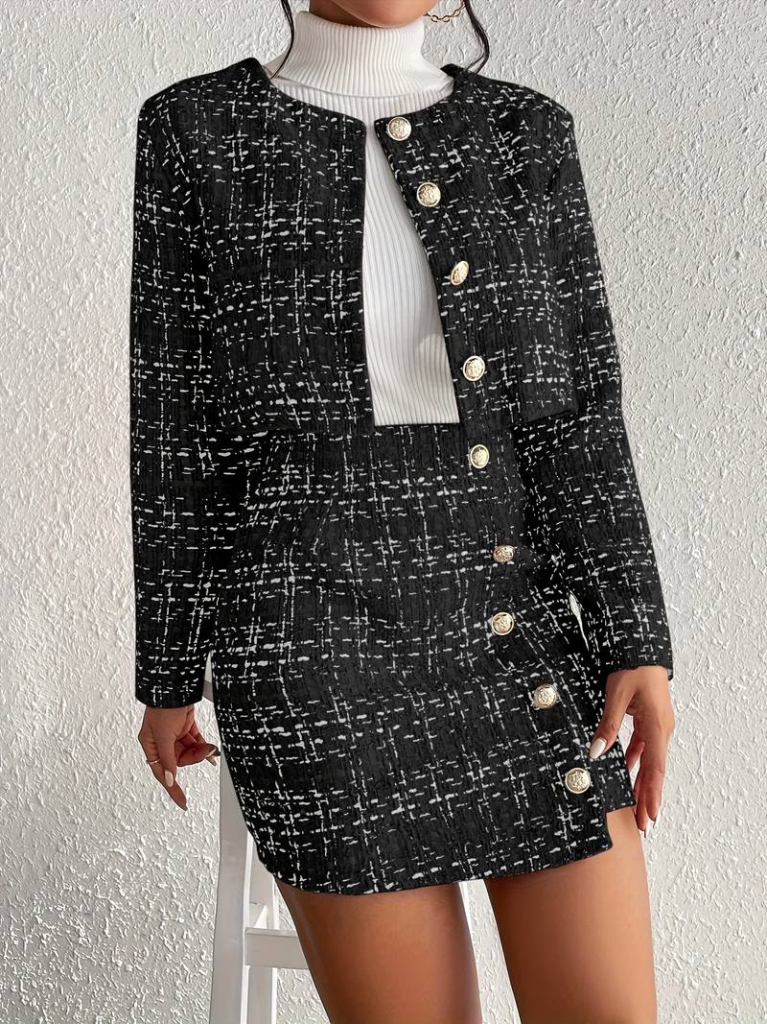 Kadın Uzun Kollu önü Düğmeli şanel Ceket Ve Etek Takım - Görsel 3