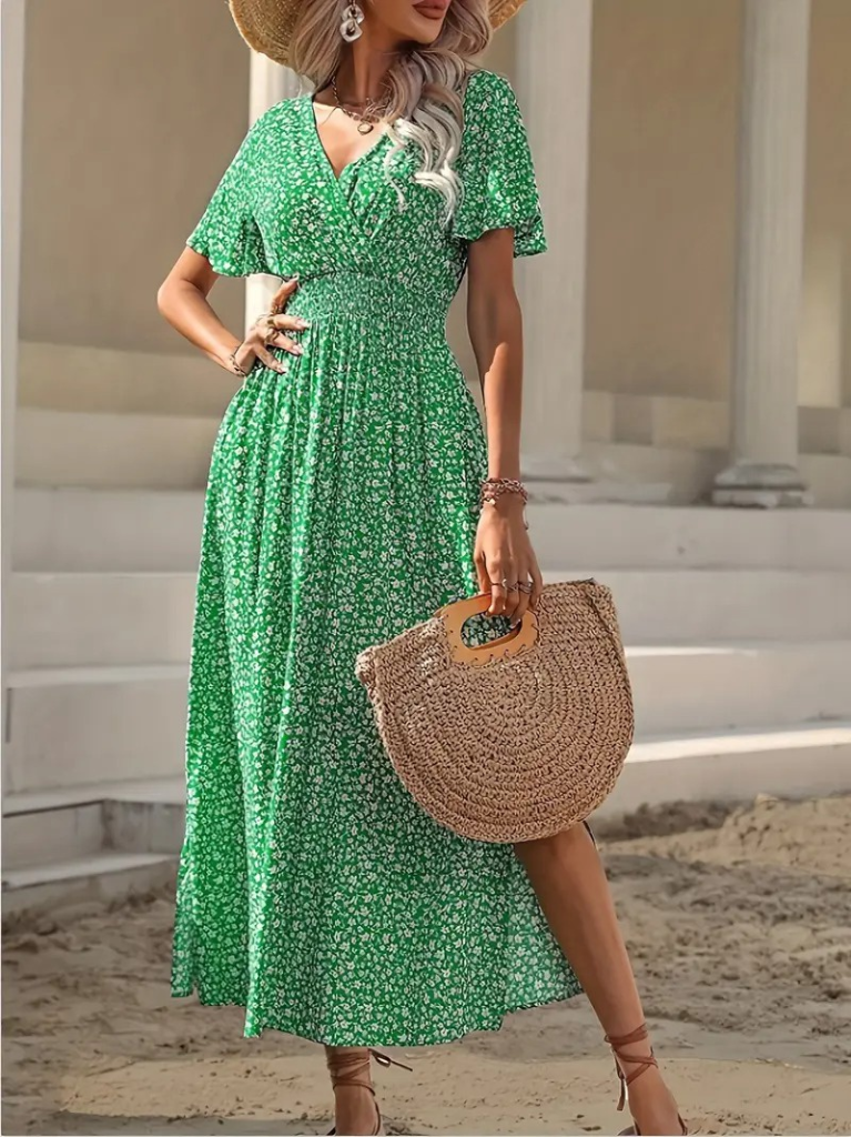 Kadın Kısa Kollu Kruvaze Yaka Beli Lastikli Yanlardan Yırtmaçlı Uzun çiçekli Elbise - Görsel 5