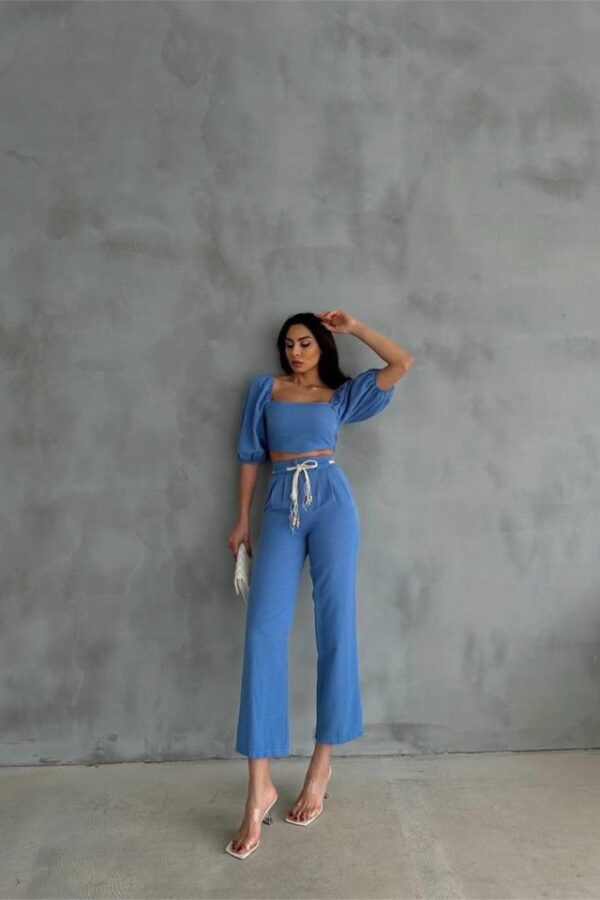 KETEN CROP KARPUZ KOL BLUZ-PANTOLON HASIR KEMERLİ - Mavi