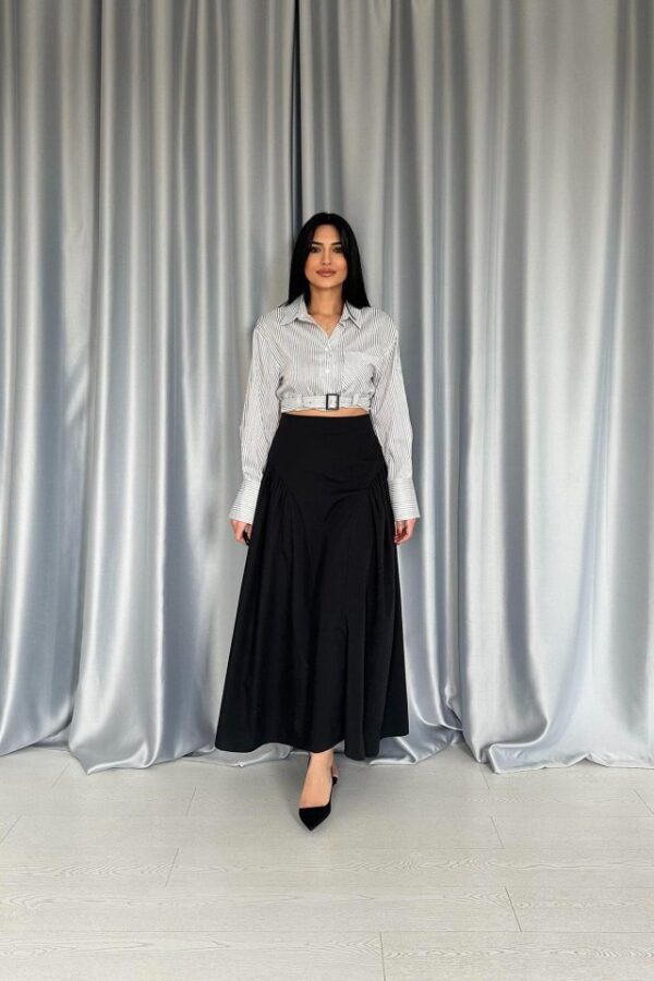 Siyah Yanları Büzgülü Uzun Etek