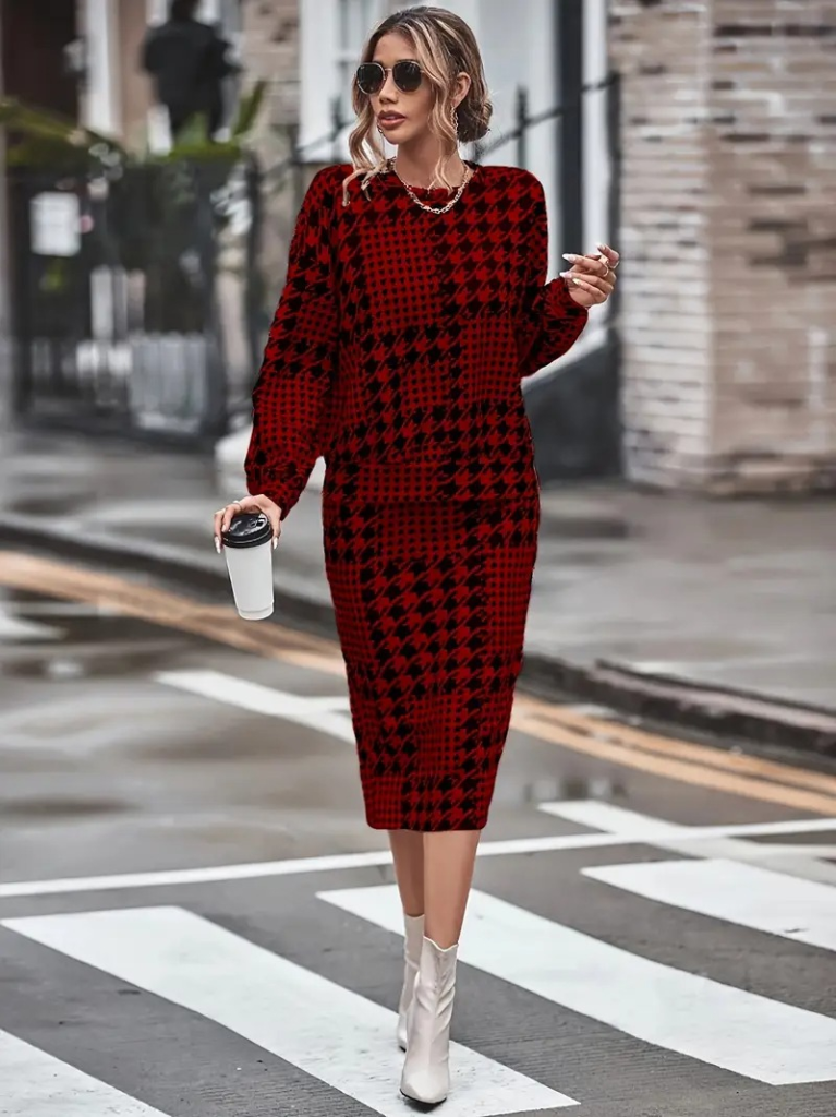 Kadın Uzun Kollu Bisiklet Yaka şardonlu Dalgıç Bluz Ve Yırtmaçlı Midi Etek Takım - Görsel 2