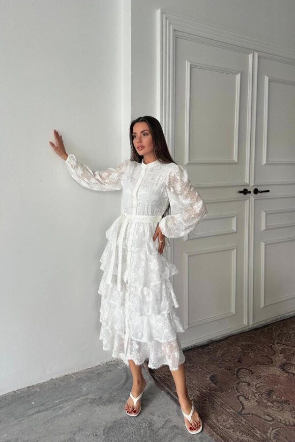 Zümrüt Valonlu Şeritli Kat Kat Elbise