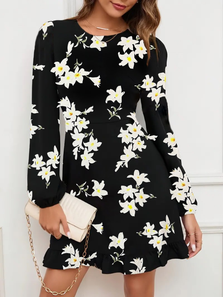 Kadın Uzun Kollu Bisiklet Yaka Desenli Kısa Krep Elbise - Görsel 3