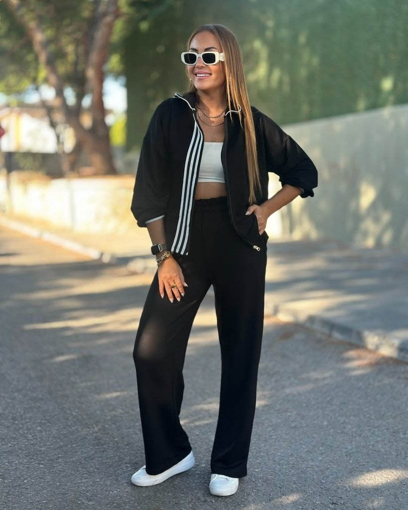 Kadın Uzun Kollu Kapşonlu Onu şerit Detaylı Fermuarlı Viskon Iki Iplik Bluz Ve Pantolon Ikili Takım - Görsel 2