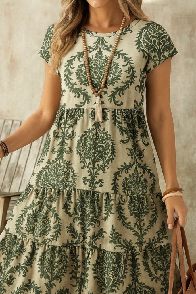 Kadın Kısa Kollu Bisiklet Yaka Desenli Fırfırlı Süprem Elbise - Görsel 14