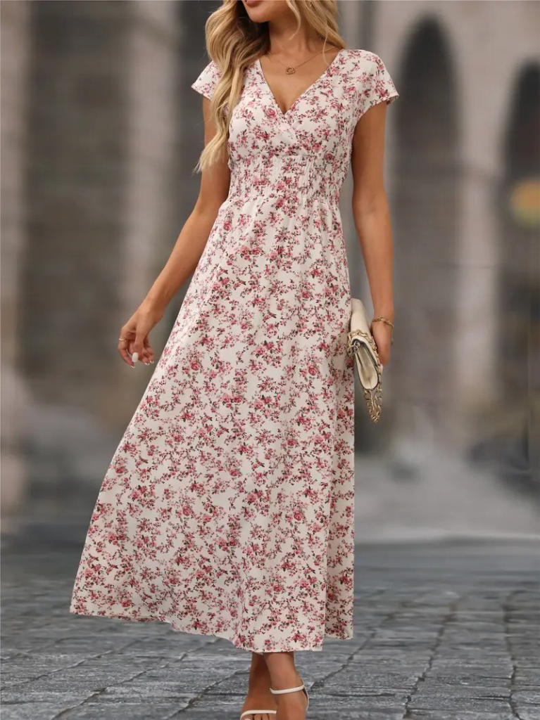 Kadın Kısa Kollu Kruvaze Yakalı çiçek Desenli Belden Lastikli Süprem Uzun Elbise - Görsel 13