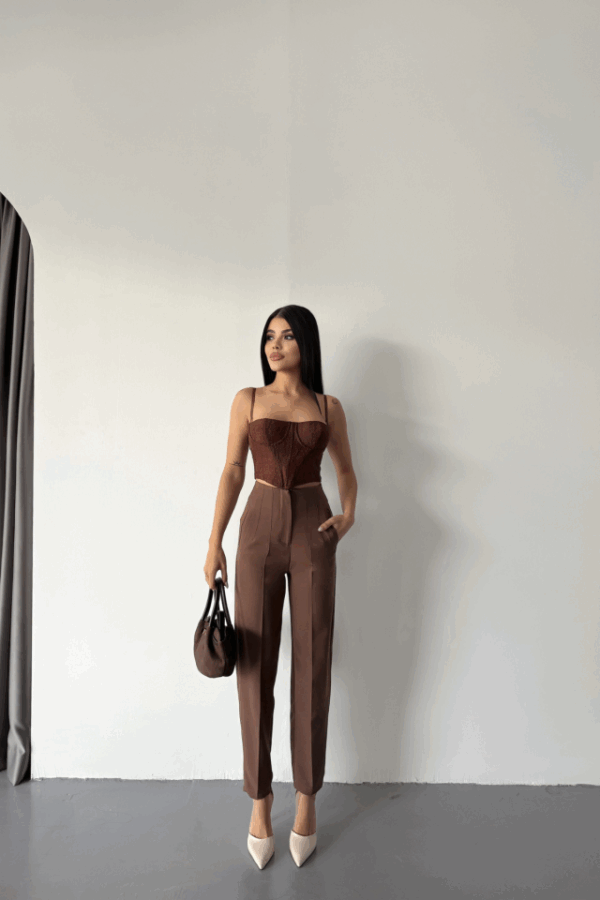 PANTOLON PENSLİ ATLAS KUMAŞ - Kahverengi