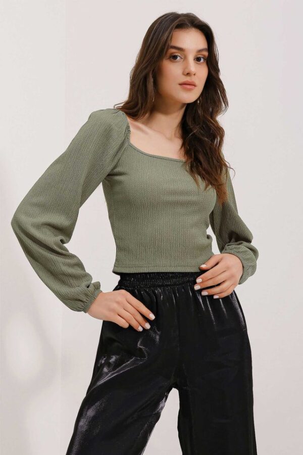 0465 Balon Kollu Örme Bluz - Yeşil
