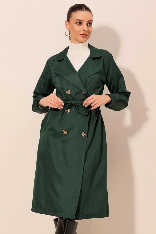 5853 Kruvaze Yaka Trençkot - Siyah