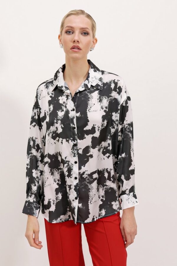 3964 Hafif Dökümlü Saten Gömlek - Siyah