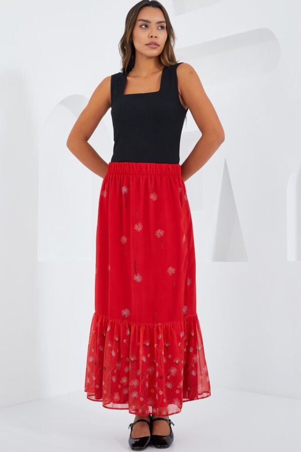 Kırmızı Desenli Şifon Etek 8010