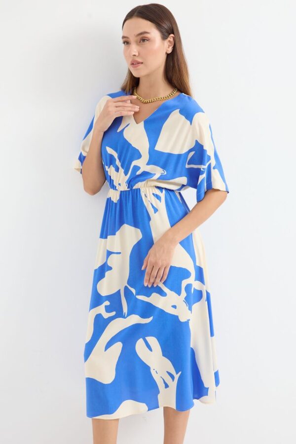 2511 Beli Lastikli Desenli Elbise - Kahverengi