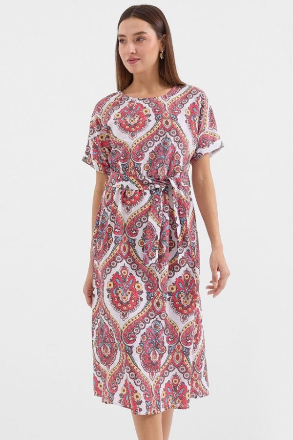 2389 Kemerli Keten Elbise - Nar