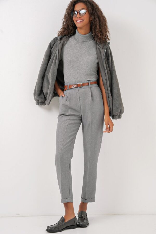 6686 Pileli Kemerli Kumaş Pantolon - Lacivert