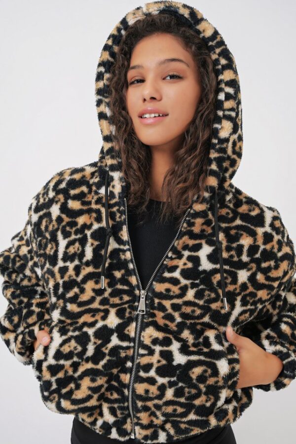 5193 Kapüşonlu Peluş Crop Ceket - Ekru