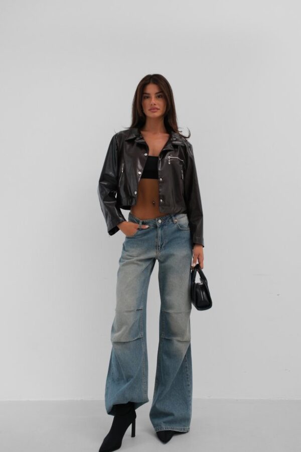 Fermuar Detay Parlak Deri Ceket