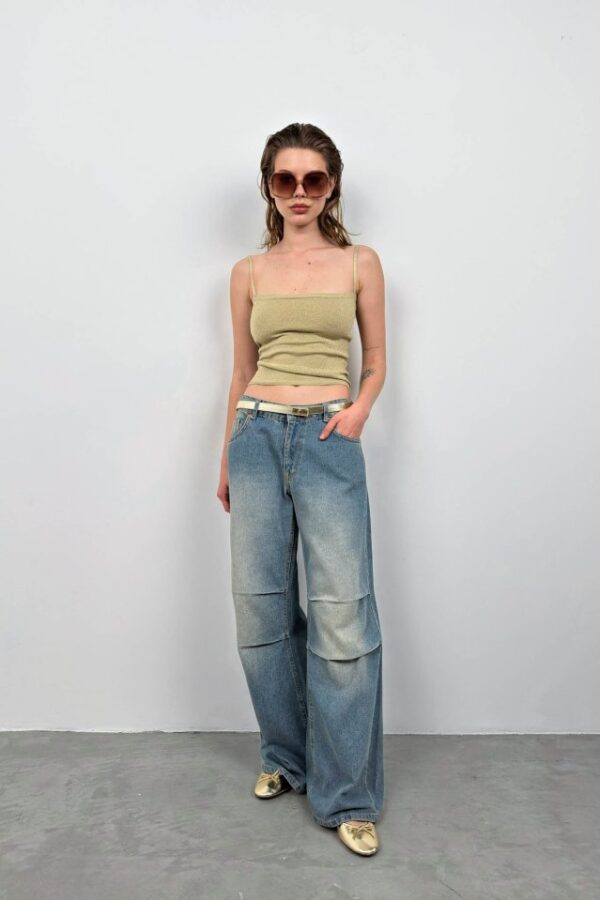 Askı Detay Parlak Triko Bluz