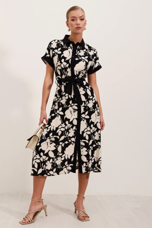 2455 Desenli Gömlek Elbise - Haki