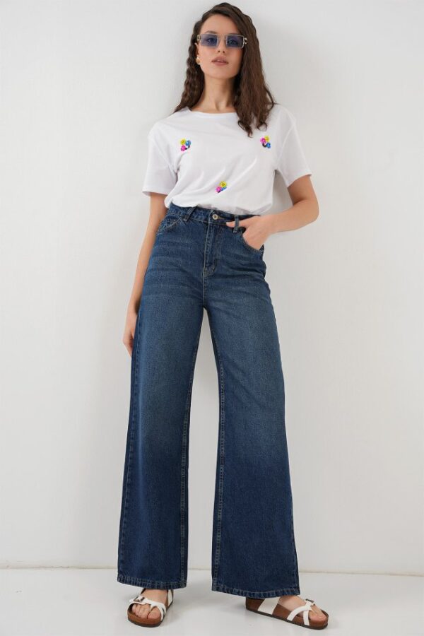 Bol Paça Yüksek Bel Palazzo Kot Pantolon 6656 - Lacivert