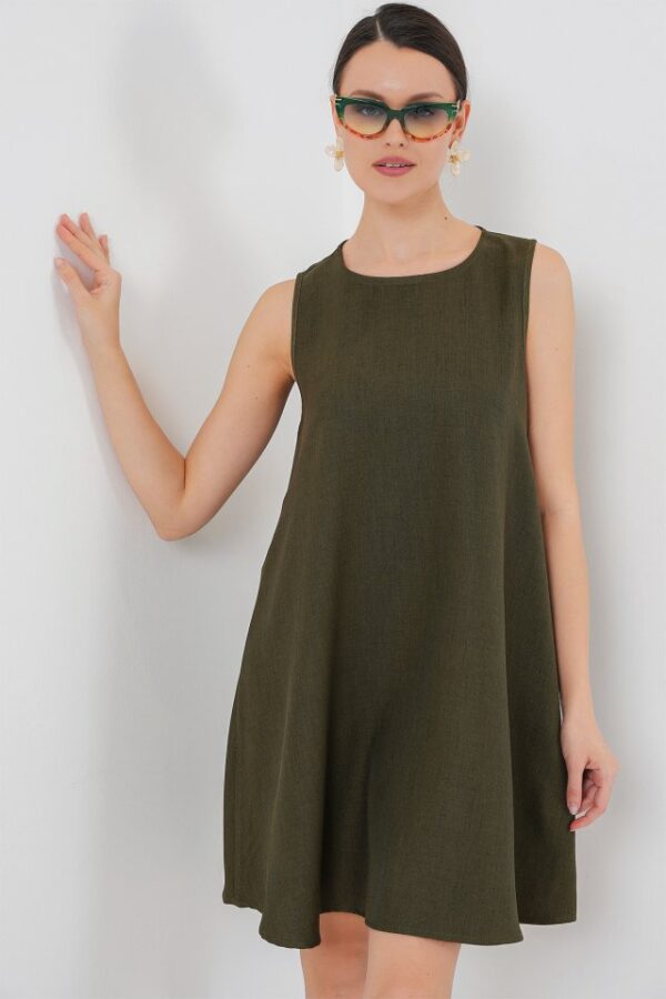 2444 Mini Keten Elbise - Açık Mavi