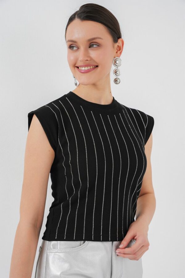 Sıfır Kol Taşlı Bluz 931 - Siyah