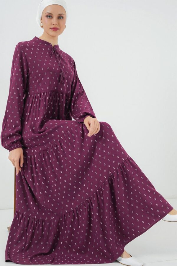 1627 Yaka Bağcıklı Tesettür Elbise - Çapa Mor