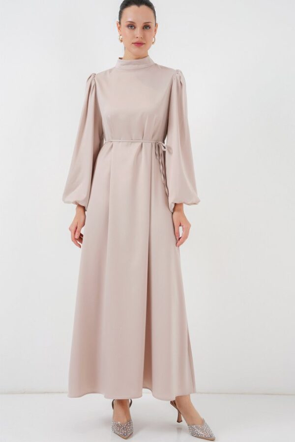 2510 Saten Tesettür Abiye Elbise - M. Krem