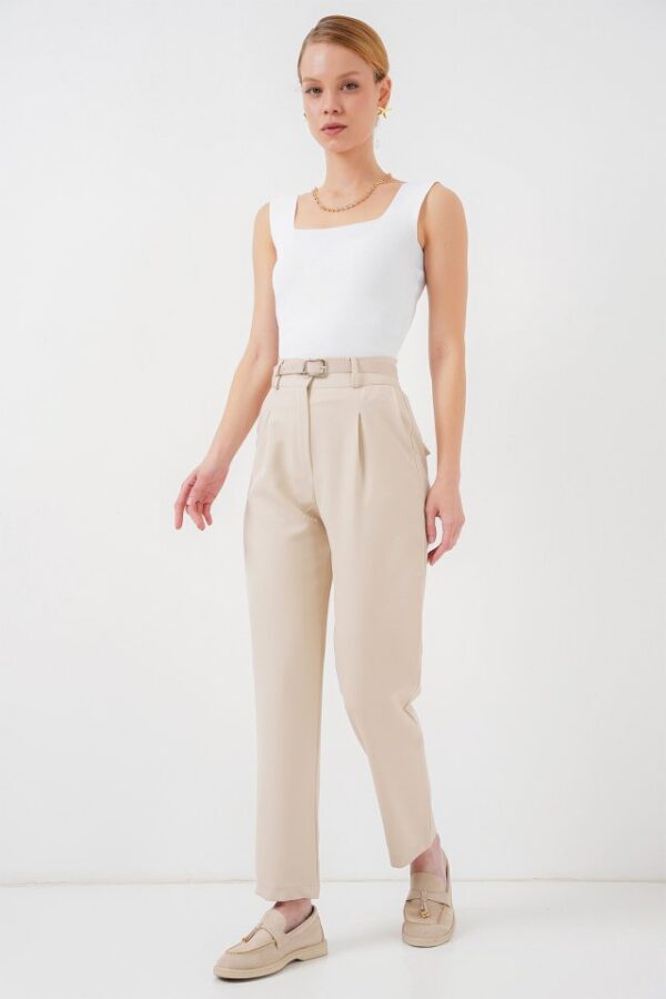 Pileli Kemerli Kumaş Pantolon 6725 - Krem