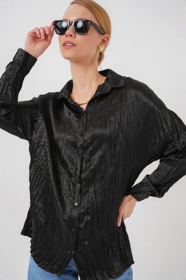 Kırışık Saten Gömlek 20316 - Siyah