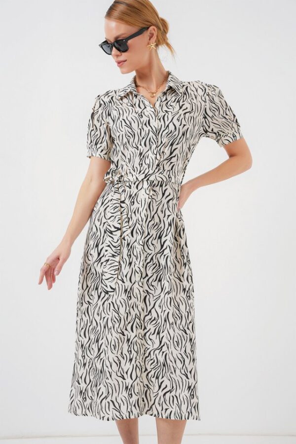 2213 Kısa Kol Viskon Elbise - C.Beyaz