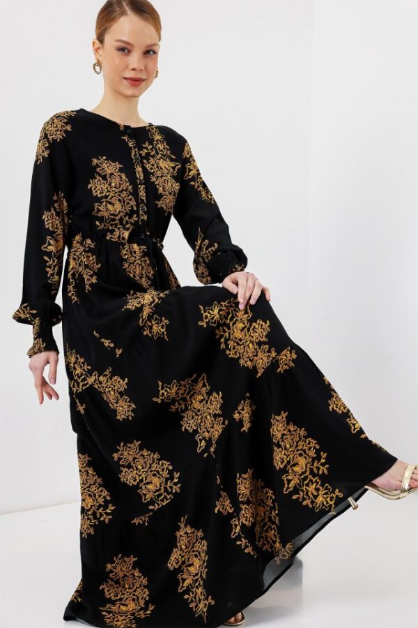 2145 Desenli Tesettür Elbise - Saks