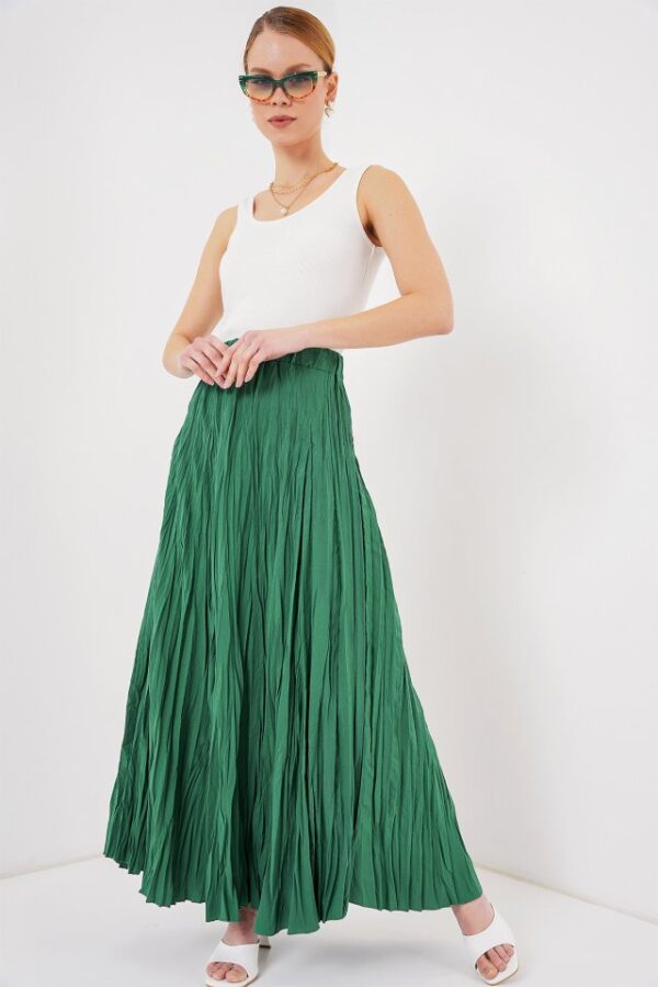 Uzun Kırışık Etek 8042 - Yeşil