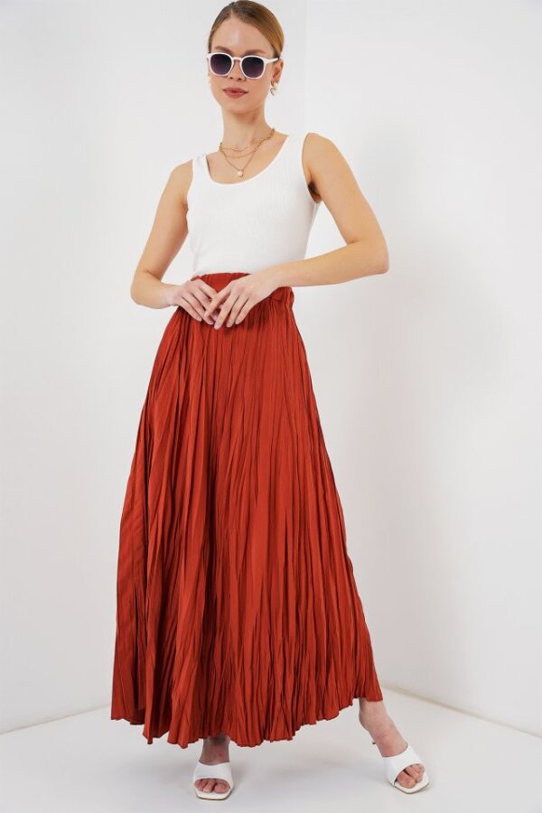 Uzun Kırışık Etek 8042 - Pudra