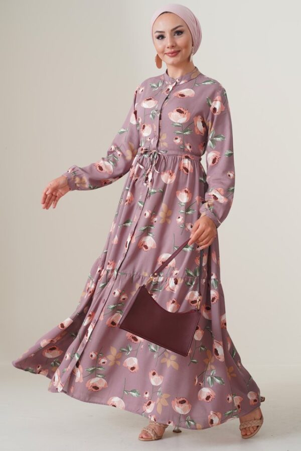 2144 Hakim Yaka Tesettür Elbise - Gül Kurusu