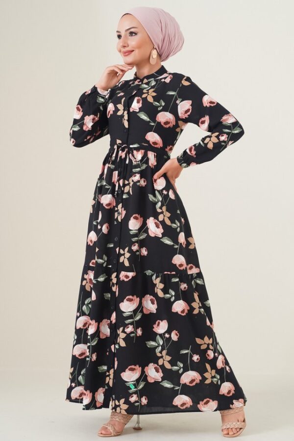 2144 Hakim Yaka Tesettür Elbise - E.Siyah