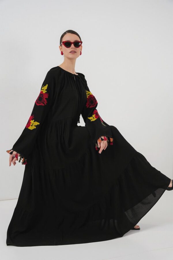 Nakışlı Uzun Elbise 2534 - Siyah