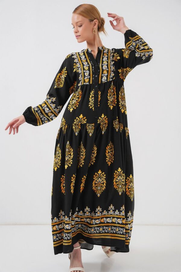 2423 Otantik Desenli Tesettür Elbise - Mint Yeşili