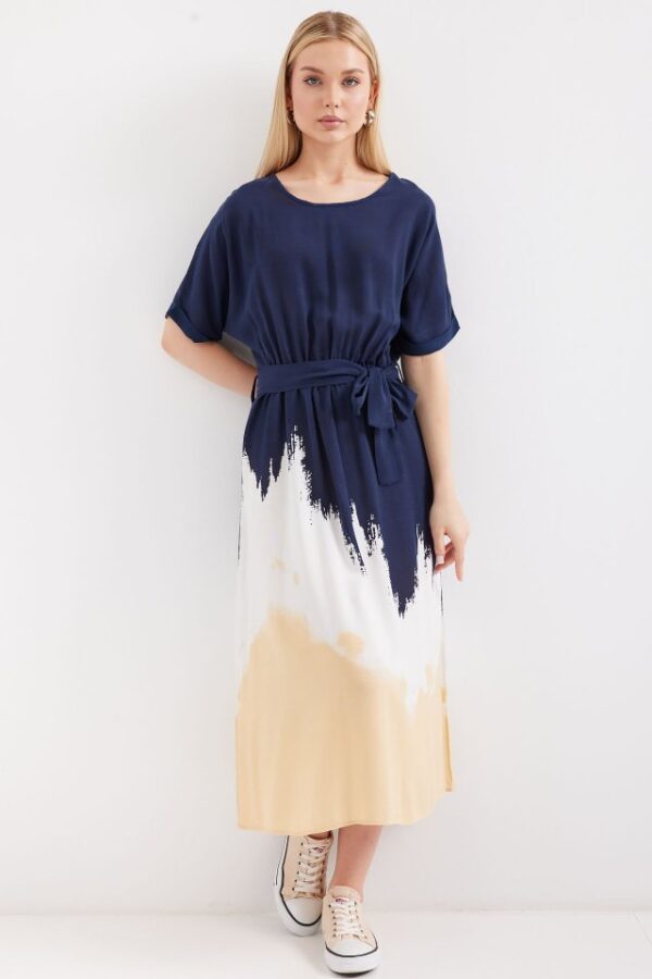 2504 Desenli Kısa Kol Viskon Elbise - Krem