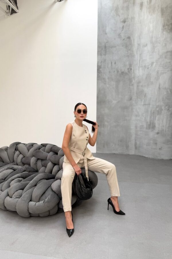 Ti̇na Asi̇metri̇k Keten Yelek Pantolon Takim