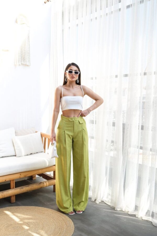 Keten Düğme Detayli Dökümlü Palazzo Pantolon