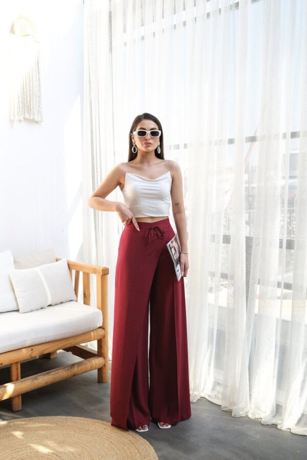 Keten Önü Çapraz Parçali Lasti̇kli̇ Ve Bağcikli Geni̇ş Paça Pantolon